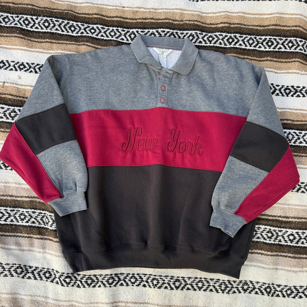 Vintage 90's New York Gray Red Black Fleece Pullover Collared Sweatshirt Sz XL